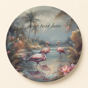 Custom Vintage Flamingo Tropical Lagoon Art Paper Plate