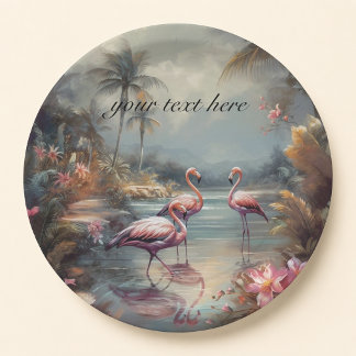 Custom Vintage Flamingo Tropical Lagoon Art Paper Plate