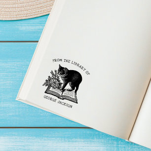 Custom Vintage Floral Library Cat Rubber Stamp