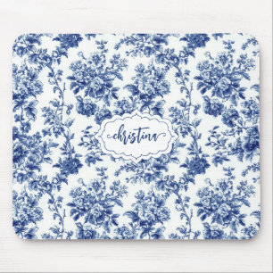 Custom Vintage Floral Navy Blue Toile Monogram Mouse Mat