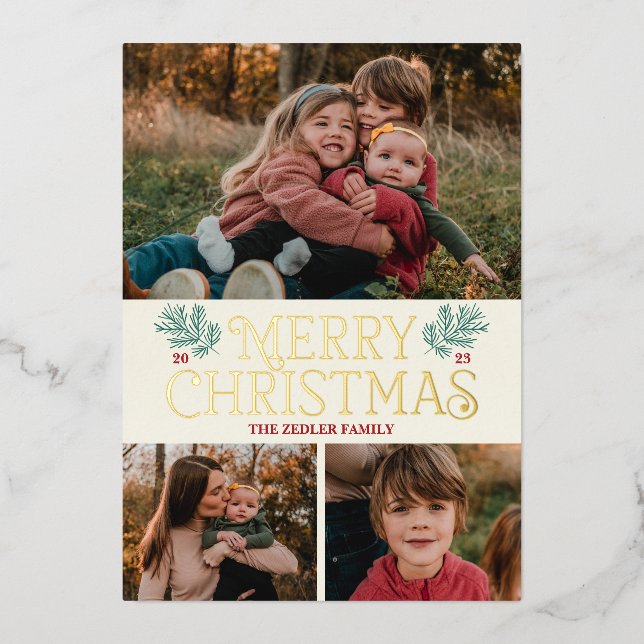Custom Vintage  Foil Merry Christmas Photo Card (Front)
