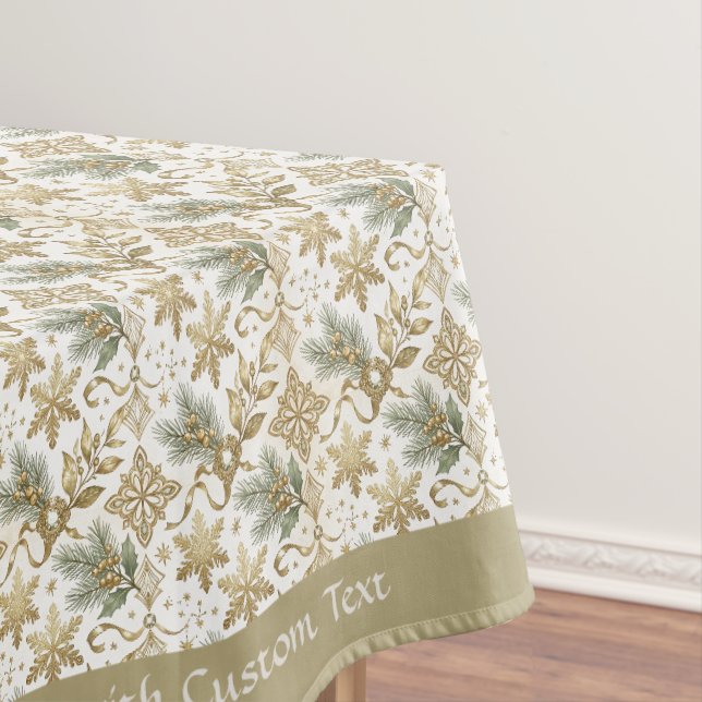Custom Vintage Gold Snowflake Sage Green Pattern Tablecloth (In Situ)