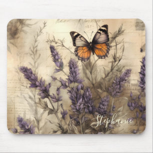 Custom Vintage Lavender Butterfly Illustration Mouse Mat