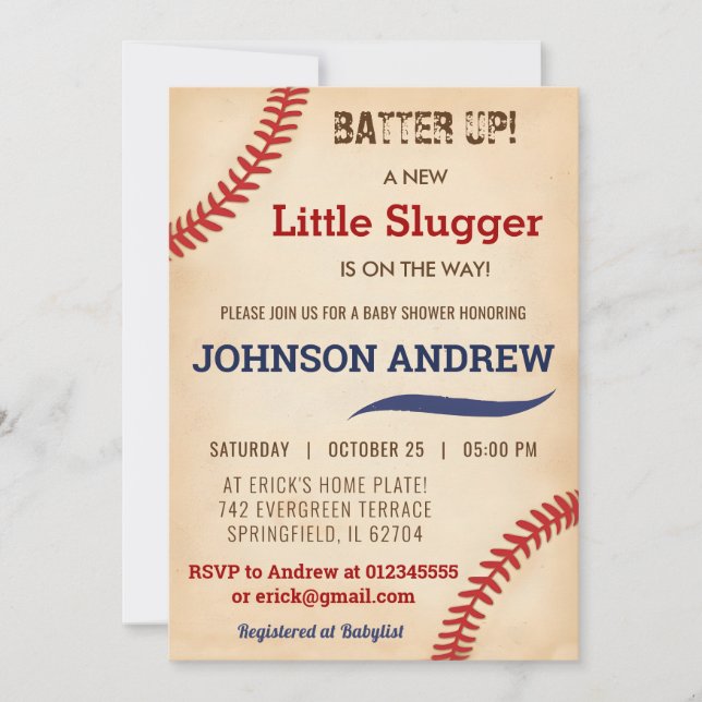 Custom Vintage Little Slugger Baseball Baby Shower Invitation (Front)