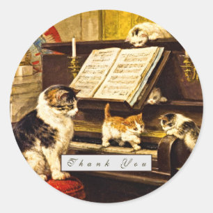 Custom Vintage Piano Lesson Mother Cat & Kittens Classic Round Sticker