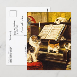Custom Vintage Piano Lesson Mother Cat & Kittens Postcard
