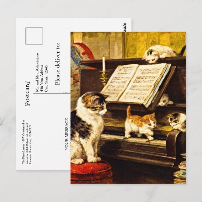 Custom Vintage Piano Lesson Mother Cat & Kittens Postcard (Front/Back)
