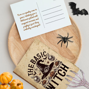 Custom Vintage Pumpkin Black Hat Halloween Witch Postcard