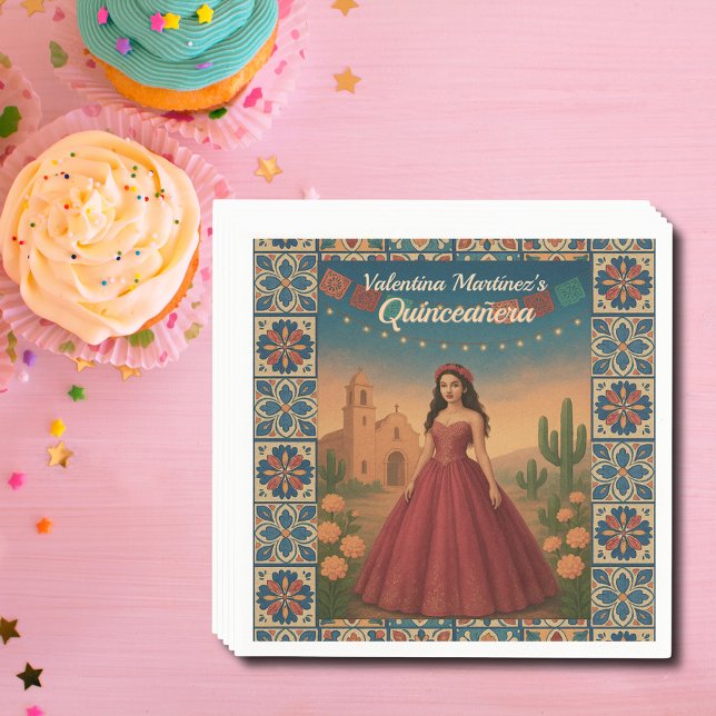 Custom Vintage Quinceañera Red Dress Talavera Art Napkin (Custom Vintage Quinceañera Red Dress Talavera Art Napkins)