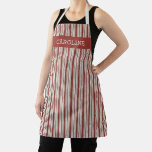 Custom Vintage Red Ivory Faux Linen Stripes Apron
