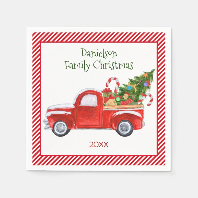 Custom Vintage Red Truck Christmas Holiday Party Napkin (Front)