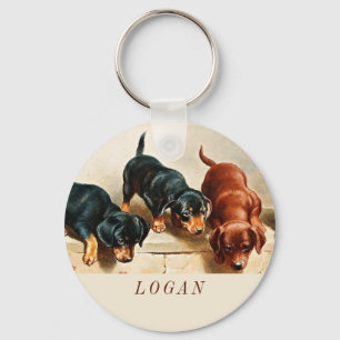 Custom Vintage Retro Funny Cute Dachshund Puppies Key Ring