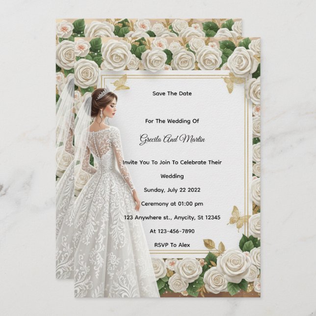 Custom Vintage Royal Wedding Invitation Beige Rose (Front/Back)