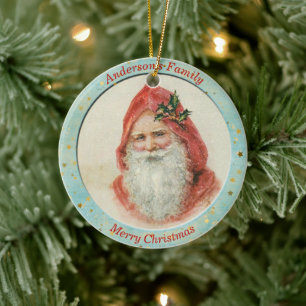  Custom Vintage Santa Claus Holly Berry Christmas Ceramic Tree Decoration
