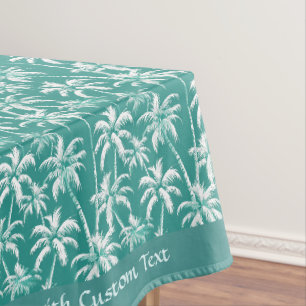 Custom Vintage Teal White Palm Tree Pattern Tablecloth