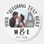 Custom Vintage Text Fridge Magnet Wedding Favours<br><div class="desc">Custom printed, personalised TRADITIONAL VINTAGE font template ROUND Photo Fridge Magnet wedding favours. Template personalised on front of photo fridge magnet, available in 3 sizes: 1.25", 2.25" and 3" diameter. UPPER TEXT - main wedding statement. Replace IMAGE with your wedding couple, engagement, wedding photo. LOWER TEXT - The monogram template...</div>