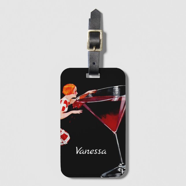 Custom vintage woman with cocktail martini luggage tag (Front Vertical)