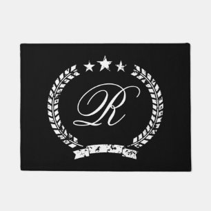 Custom vintage wreath crest monogram black doormat