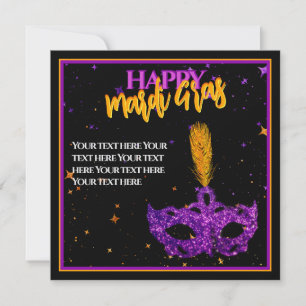 Custom Violet and Orange Sparkles Mask Mardi Gras Holiday Card