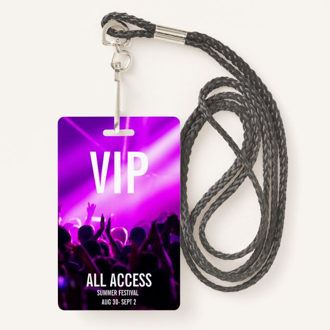 Custom VIP All-Access Concert Event Pass Purple ID Badge (Front with Lanyard)