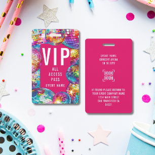 Custom VIP All Access Pass QR Code Disco Ball ID Badge