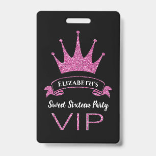 Custom VIP Pink Glitter Girly Sweet Sixteen ID Badge