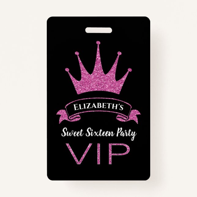 Custom VIP Pink Glitter Girly Sweet Sixteen ID Badge (Back)