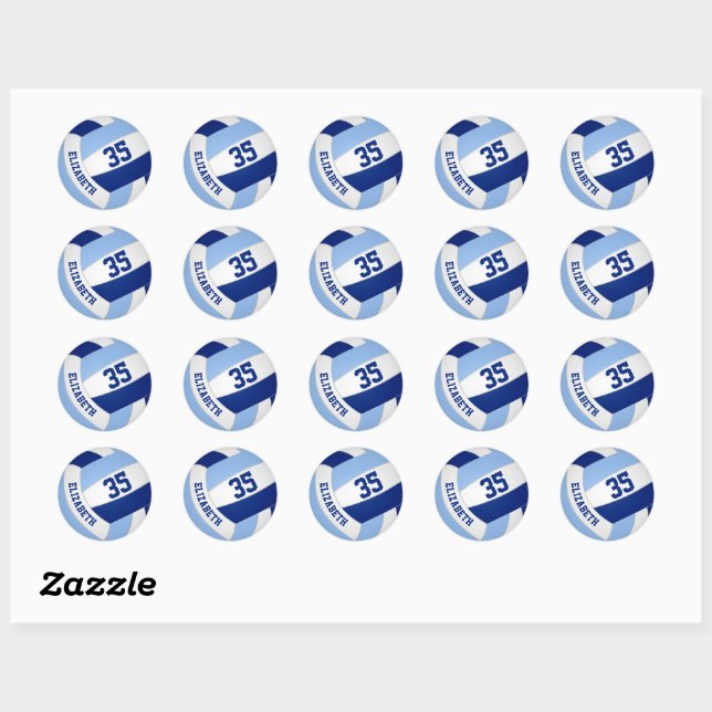custom volleyball player name blue white classic round sticker (Sheet)
