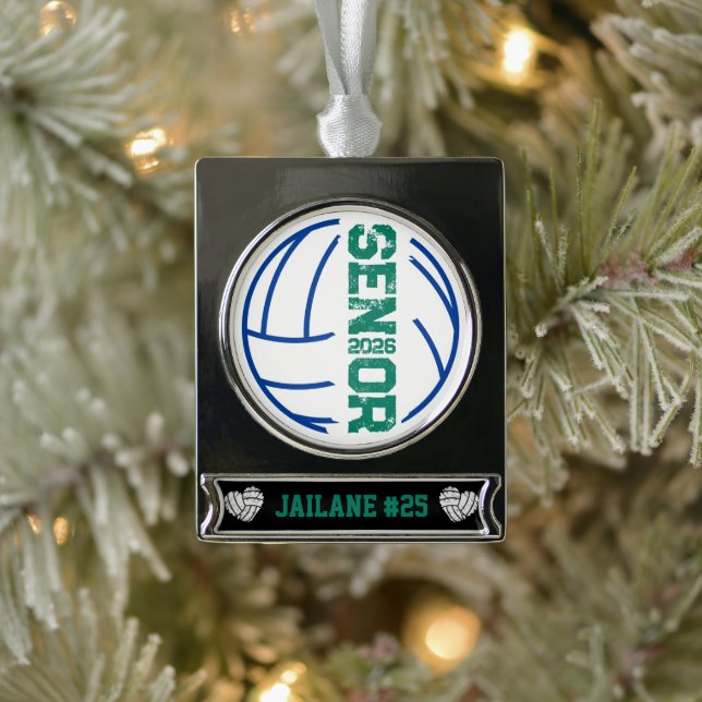 Custom Volleyball Senior Year Distressed Number Silver Plated Banner Ornament (Tree)