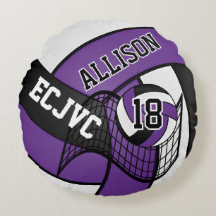 Custom Volleyball 🏐 Sport-Purple, White & Black Round Cushion