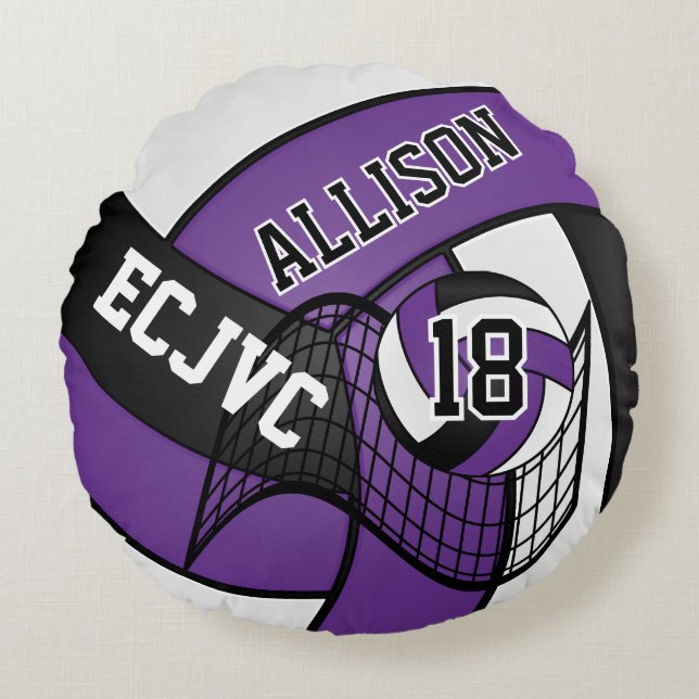 Custom Volleyball 🏐 Sport-Purple, White & Black Round Cushion (Front)