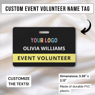 Custom Volunteer Event Black Badge Name Tag Logo ID Badge