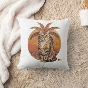 Custom "W" Embroidered Cat & Palm Tree Sunset Cushion