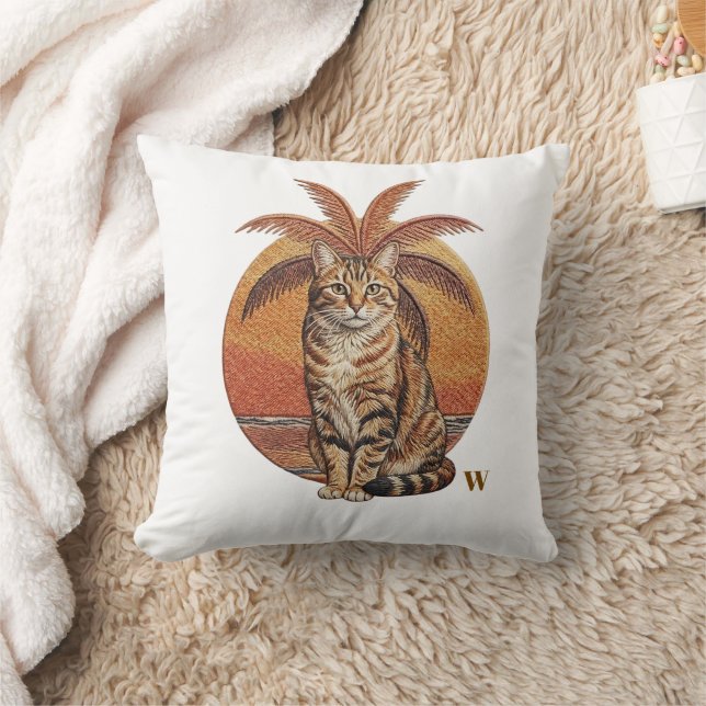 Custom "W" Embroidered Cat & Palm Tree Sunset  Cushion (Blanket)