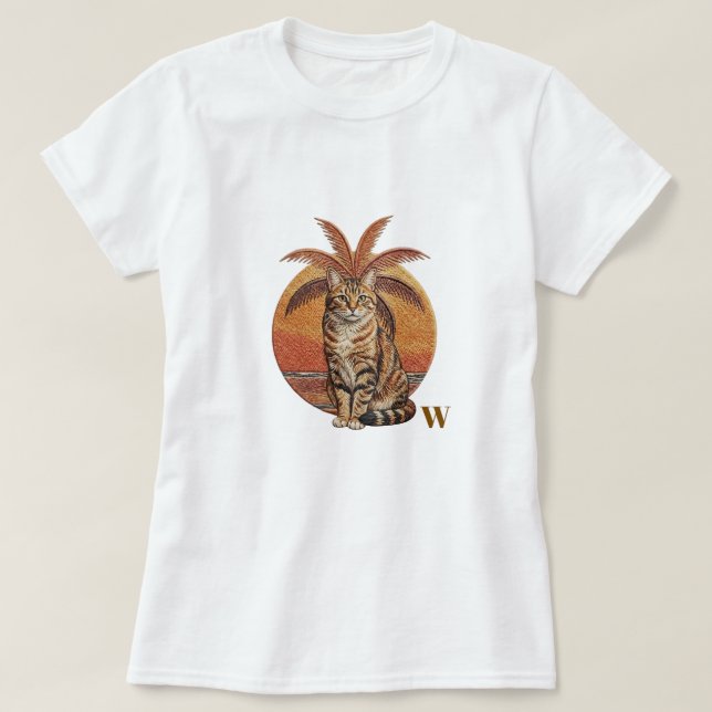 Custom "W" Embroidered Cat & Palm Tree Sunset  T-Shirt (Design Front)