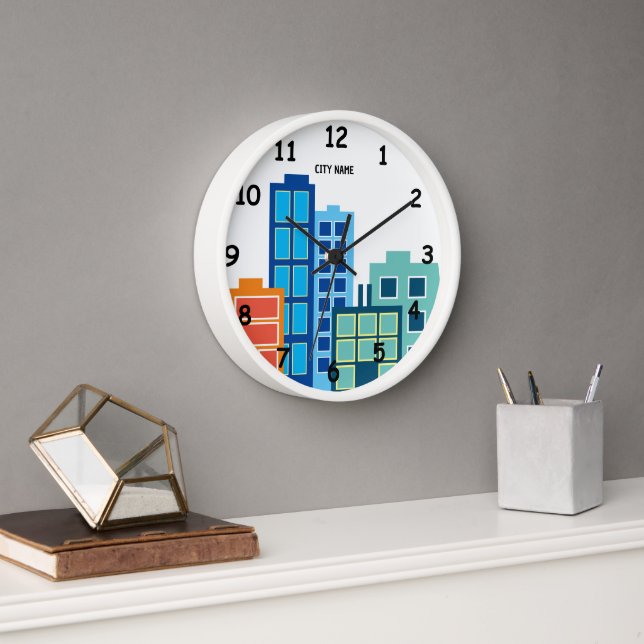 Custom wall clock with city skyline drawing (Office)
