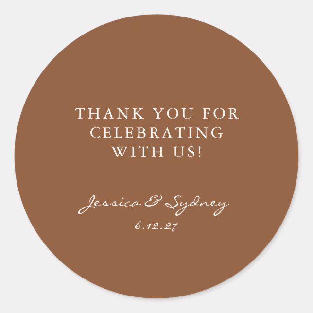 Custom Warm Brown Rustic Thank You Wedding Classic Round Sticker (Front)