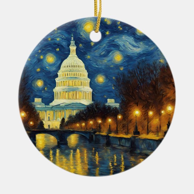 Custom Washington DC Dated Starry Night Ceramic Tree Decoration (Front)