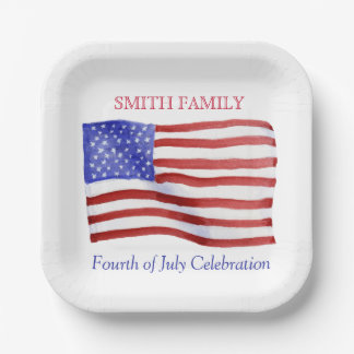 Custom Watercolor American Flag Paper Plate