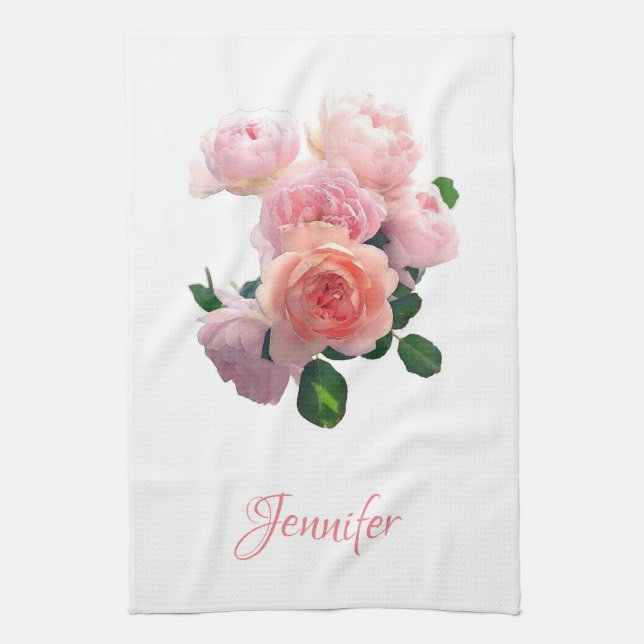 Custom Watercolor Art Pink Red Roses Personalised Tea Towel (Vertical)