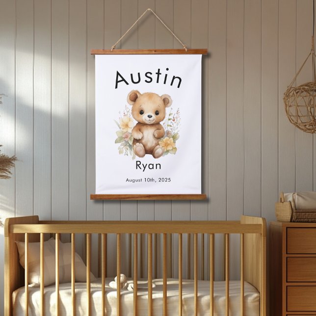 Custom Watercolor Baby Bear Name & Birthdate Wall  Hanging Tapestry (Creator Uploaded)