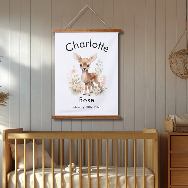 Custom Watercolor Baby Deer Name & Birthdate Wall Hanging Tapestry (Creator Uploaded)
