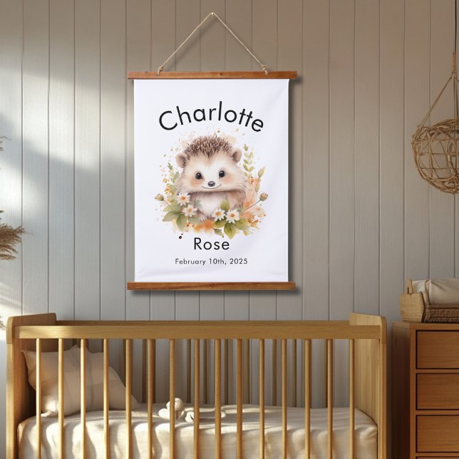 Custom Watercolor Baby Hedgehog Name & Birthdate  Hanging Tapestry (Creator Uploaded)
