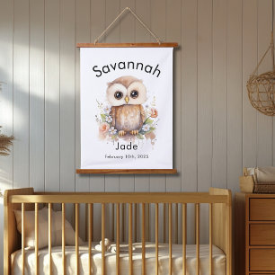 Custom Watercolor Baby Owl Name & Birthdate Wall Hanging Tapestry