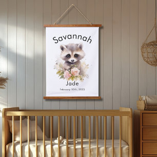 Custom Watercolor Baby Racoon Name & Birthdate Hanging Tapestry