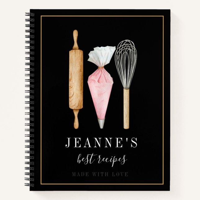 Custom Watercolor Bakers Tools Recipe Templates Notebook (Front)