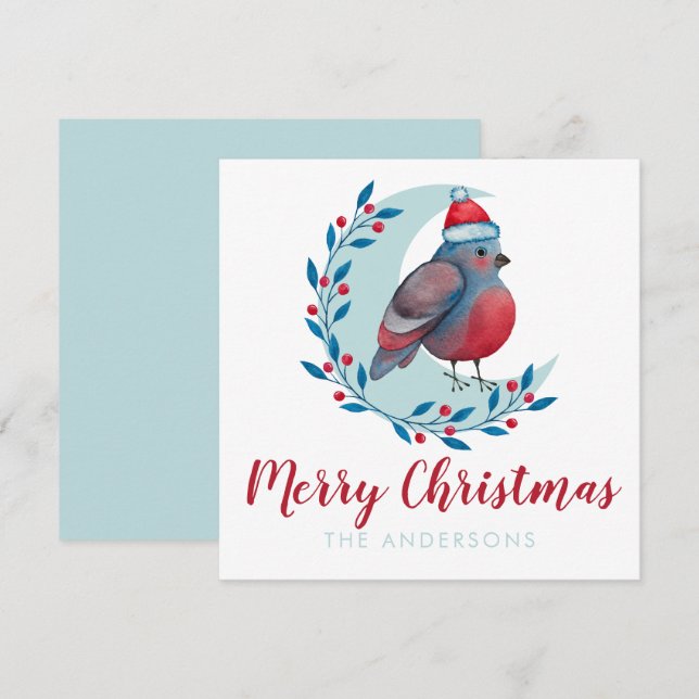 Custom Watercolor Bird On Moon Christmas Card (Front/Back)