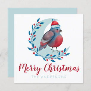 Custom Watercolor Bird On Moon Christmas Card