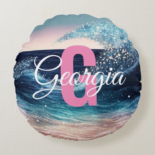 Custom Watercolor Blue Ocean Wave | Funny Monogram Round Cushion (Front)