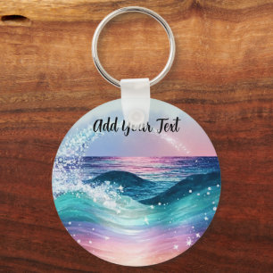 Custom Watercolor Blue Ocean Wave Photo with Name Key Ring